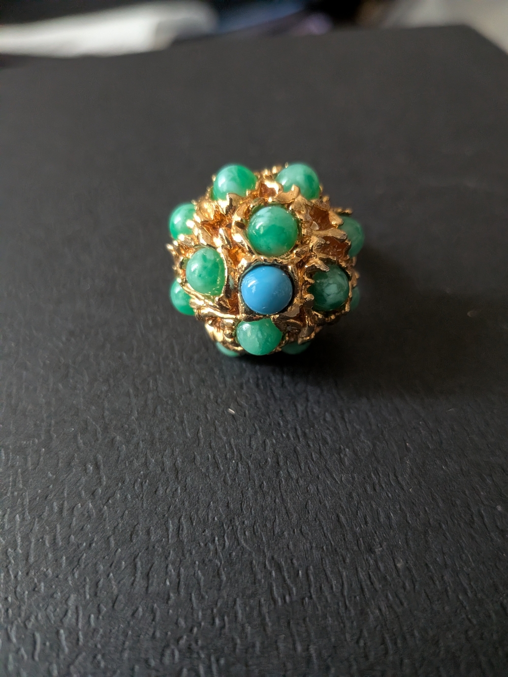 Vintage Gold Tone Green & Blue Cabochon Cluster Statement Ring - Adjustable ✨